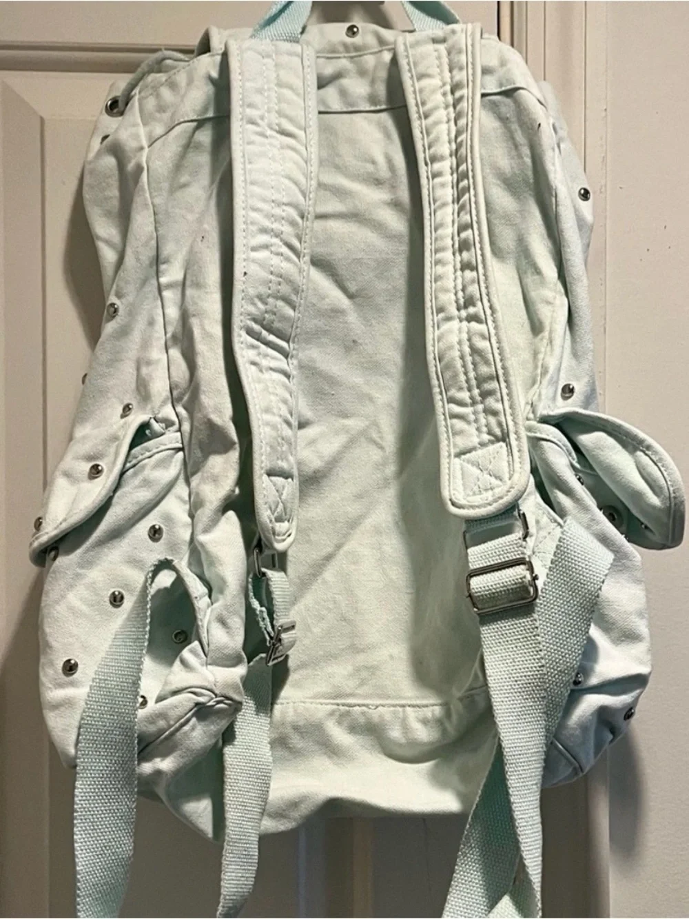 PINK Victoria’s Secret Light Blue Studded Canvas Backpack with Brown Accent